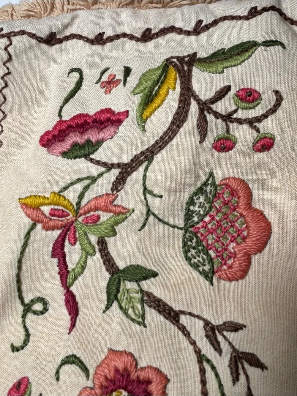 Vintage Crewel Embroidered Small Pillow Case 13X13 Fringe Square Home Decor